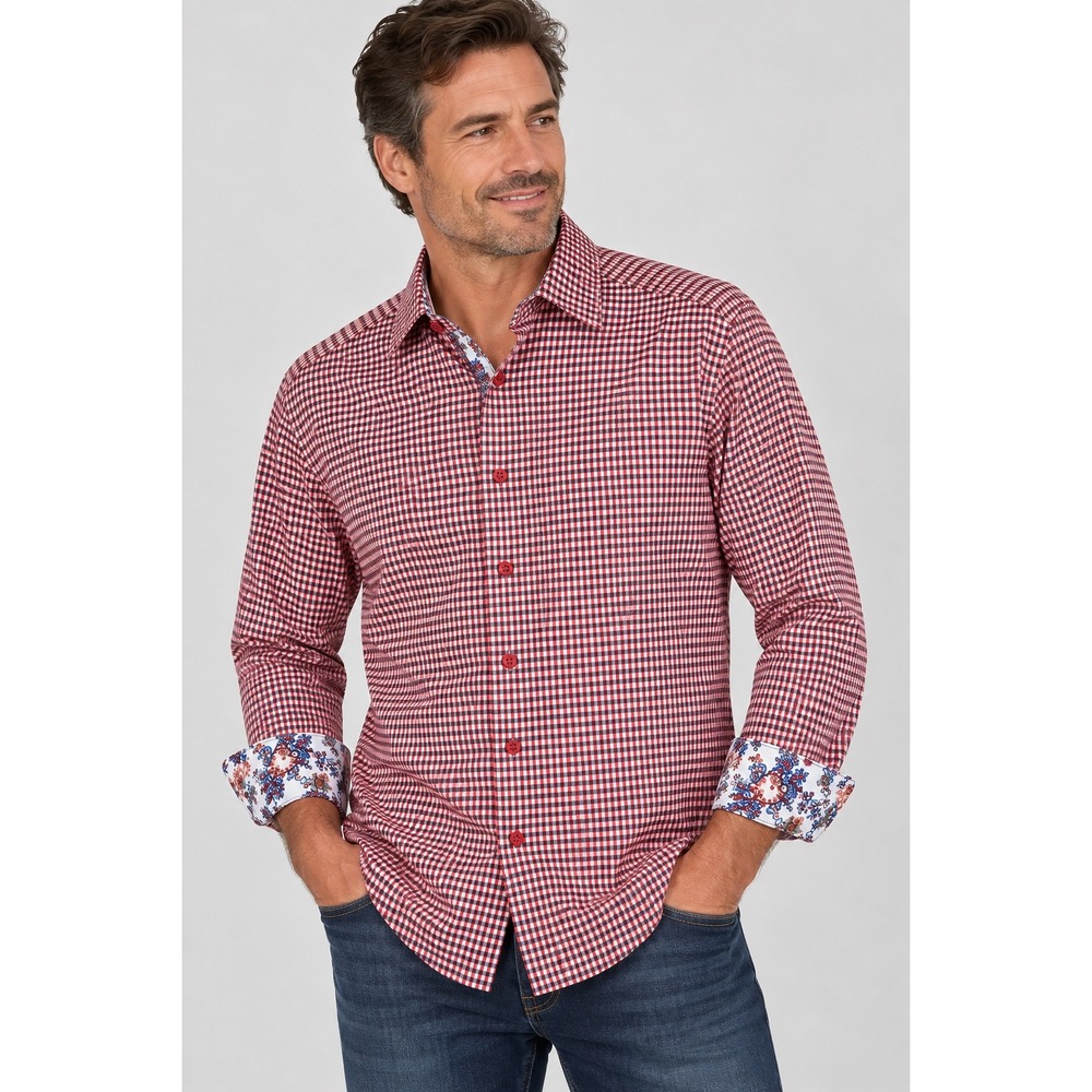 Robert Graham Mens Gingham Button Down Shirt Wearable Art Floral Trim Classic